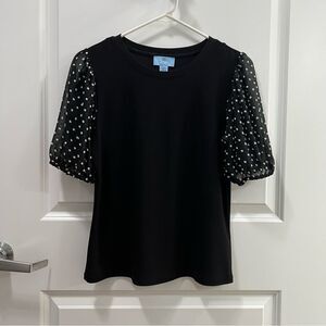 CeCe Dotted Short Puff-Sleeve Black Top Size Small